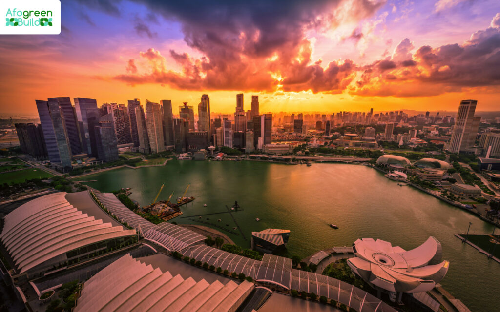 Aerial view of Singapore's city center with buildings.