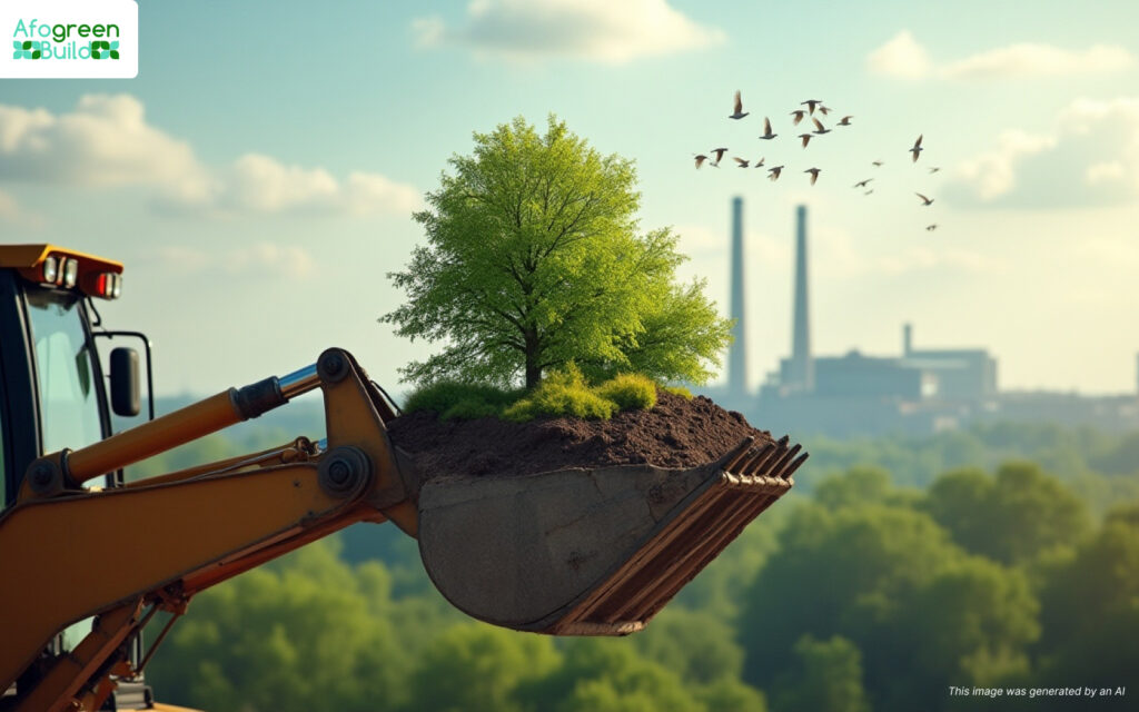 Excavator holding a tree to represent embodied carbon.