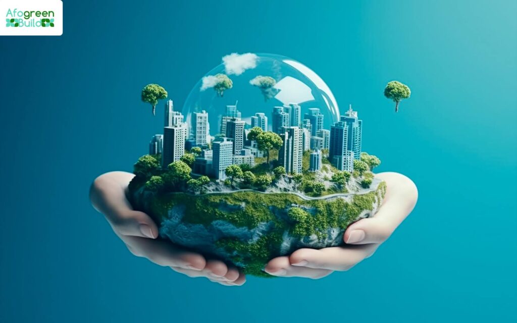 Hands holding a miniature green city under a glass dome.